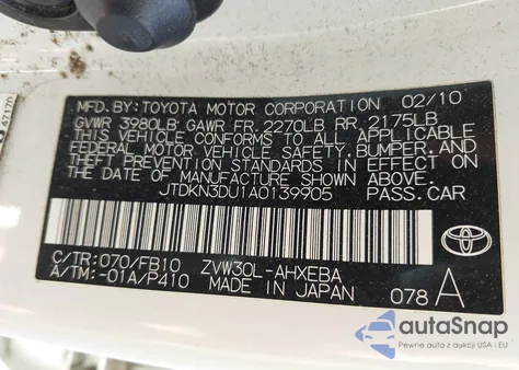 2010 Toyota Prius from USA, damaged, VIN JTDKN3DU1A0139905